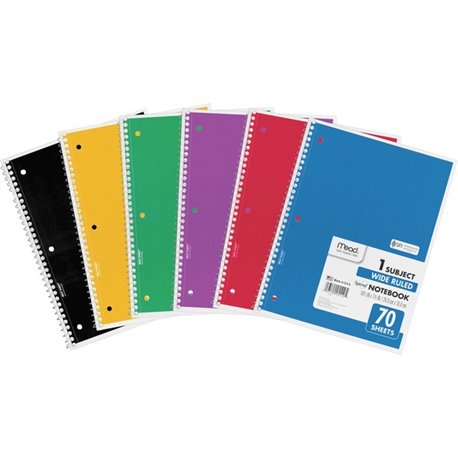 Mead Wide Ruled 1-Subject Notebooks - 70 Sheets - Spiral - Wide Ruled - 8" x 10 1/2" - White Paper - Assorted Cover - Hole-punch