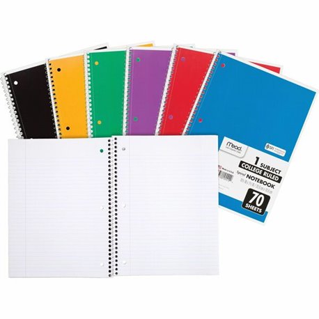 Mead One-subject Spiral Notebook - 70 Sheets - Spiral - College Ruled - 8" x 10 1/2" - White Paper - AssortedBoard Cover - Heavy