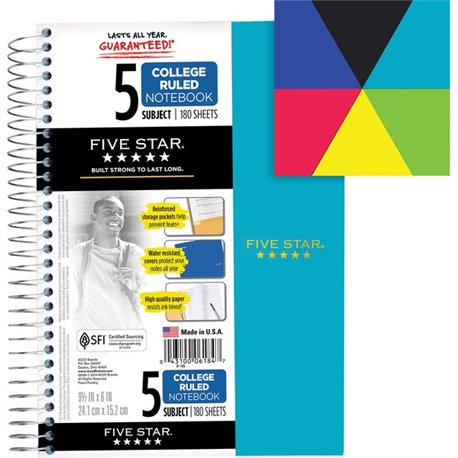 Five Star 5-Subject Notebook - Wire Bound - College Ruled - 6" x 9 1/2" - White Paper - Plastic Cover - Pocket Divider, Perforat