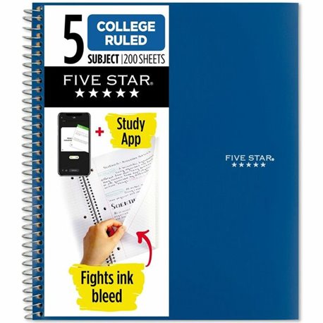 Mead Five-Star Wirebound 5-Subject Notebook - 200 Sheets - Wire Bound - 11" x 8 1/2" - White Paper - Assorted Cover - Pocket, St