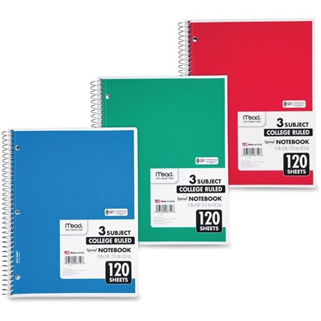 Mead 3-Subject Wire-bound Notebook - Letter-size - 120 Sheets - Spiral - College Ruled - Letter - 8" x 11" - White Paper - Assor