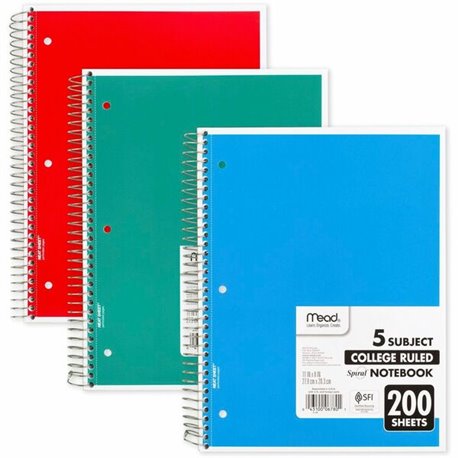 Mead 5-Subject Wire-bound Notebook - Letter-size - 200 Sheets - Spiral - College Ruled - Letter - 8 1/2" x 11" - White Paper - A