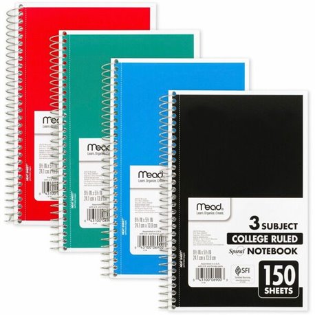 Mead 3-Subject Wirebound College Rule Notebook - 150 Sheets - Spiral - College Ruled - 5 1/2" x 9" - Assorted Paper - Heavyweigh