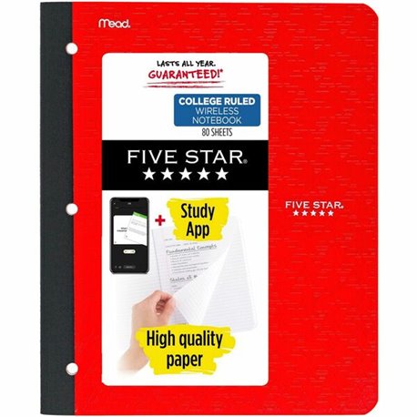 Five Star 11" 1-subject Wireless Notebook - 80 Sheets - Sewn - College Ruled - 3 Hole(s) - 9 1/8" x 11" - BlackPlastic Cover - P