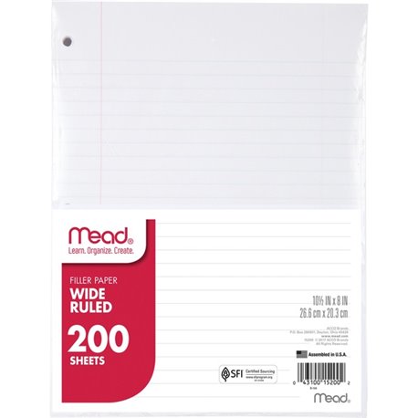 Mead 3-Hole Punched Wide-ruled Filler Paper - 200 Sheets - Ruled Red Margin - 8" x 10 1/2" - White Paper - 1 / Pack