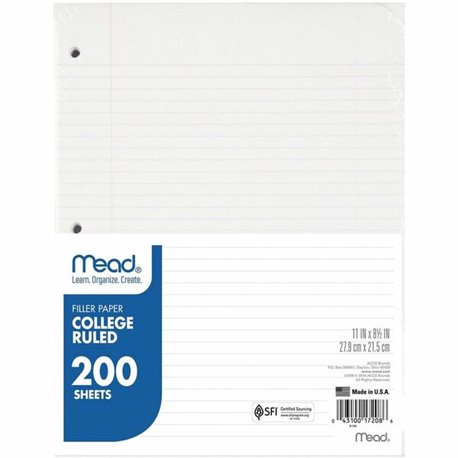 Mead Notebook Filler Paper - Letter - 200 Sheets - Spiral - 0.31" Ruled - Ruled Red Margin - 16 lb Basis Weight - Letter - 8 1/2