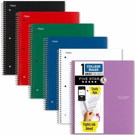 Mead Five Star Subject Spiral Notebook - 1 Subject(s) - 100 Sheets - Wire Bound - 3 Hole(s) - 11" x 8 1/2" - 3" x 10" x 11" - As