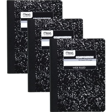 Mead Wide Ruled Comp Book - 100 Sheets - 100 Pages - Sewn - 9 3/4" x 7 1/2" - 9" x 7" x 0.5" - Black Marble Cover - Multiplicati