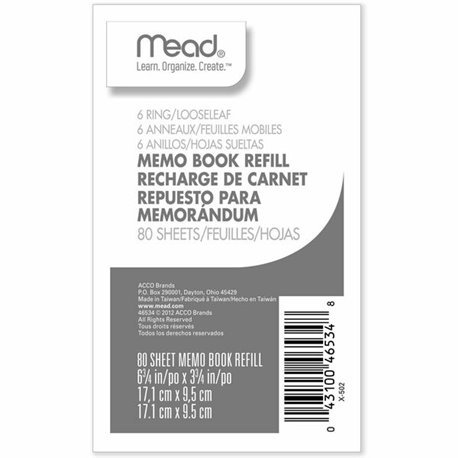 Mead Memo Book Refill Pages - 80 Sheets - 3 3/4" x 6 3/4" - White Paper - Assorted Cover - 1 Each