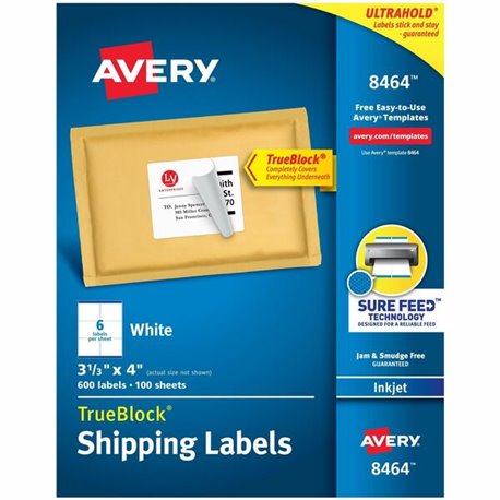 Avery TrueBlock Shipping Labels - 3 21/64" Width x 4" Length - Permanent Adhesive - Rectangle - Inkjet - White - Paper - 6 / She