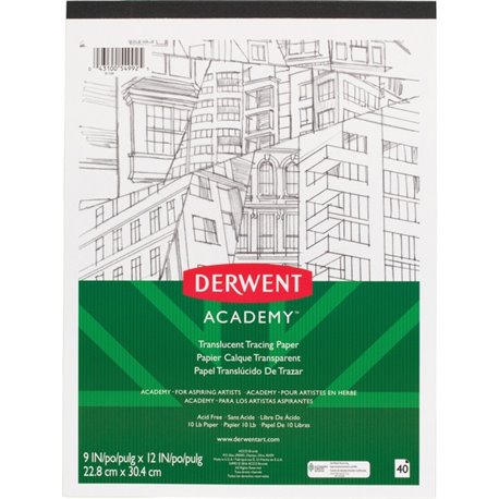 Derwent Academy Translucent Paper Pad - 40 Sheets - Tape Bound - 10 lb Basis Weight - 9" x 12" - White Paper - 1 Each