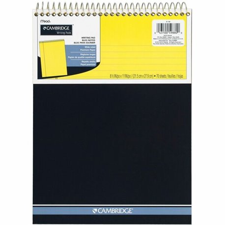 Mead Premium Wirebound Legal Pads - 70 Sheets - Spiral - 20 lb Basis Weight - 8 1/2" x 11 3/4" - Canary Paper - NavyBoard Cover 