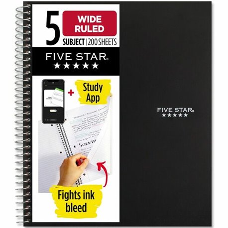 Five Star Wirebound Black 5-subject Notebook - 200 Sheets - Wire Bound - Wide Ruled - 3 Hole(s) - 8" x 10 1/2" - BlackPlastic Co