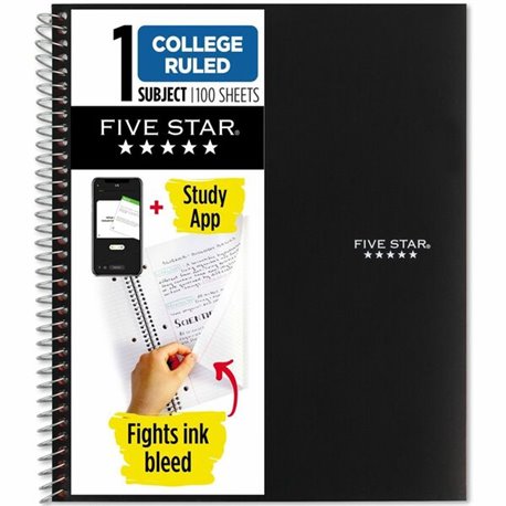 Five Star College Ruled 1-subject Notebook - 100 Sheets - Wire Bound - Wide Ruled - 8" x 11" - BlackPlastic Cover - 1 Each