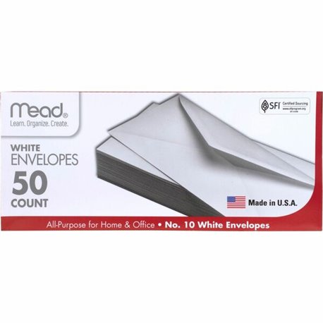 Mead Plain White Envelopes - Business - 10 - 4 1/8" Width x 9 1/2" Length - Gummed - 50 / Box - White