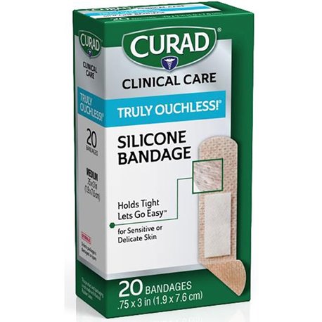 Curad Silicone Flexible Fabric Bandages - 3" x 0.75" - 20/Box - Beige - Silicone, Fabric