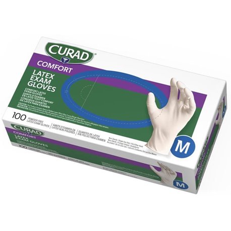 Curad Powder Free Latex Exam Gloves - Medium Size - White - Textured - For Healthcare Working - 100 / Box