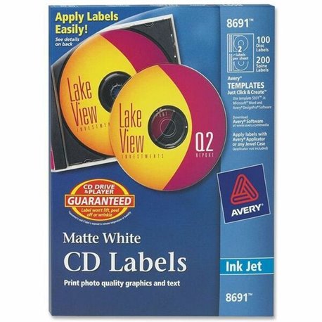Avery Clear CD/DVD Inkjet Matte Labels - Matte White - 300 Total Label(s) - 100 / Pack