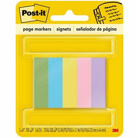 Post-it Page Markers - 100 - 1/2" x 2" - Rectangle - Unruled - Electric Blue, Yellow, Aqua Wave, Light Mulberry, Neon Green - Pa