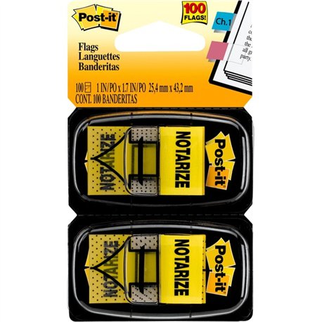 Post-it Message Flags - 100 - 1" x 1 3/4" - Arrow, Rectangle - Unruled - "Notarize" - Yellow - Removable, Self-adhesive - 100 / 
