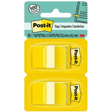 Post-it Flags - 100 x Yellow - 1" x 1 3/4" - Rectangle - Unruled - Yellow - Removable, Self-adhesive - 100 / Pack