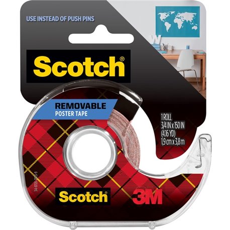 Scotch Removable Poster Tape - 12.50 ft Length x 0.75" Width - 1" Core - Synthetic - Dispenser Included - Handheld Dispenser - F