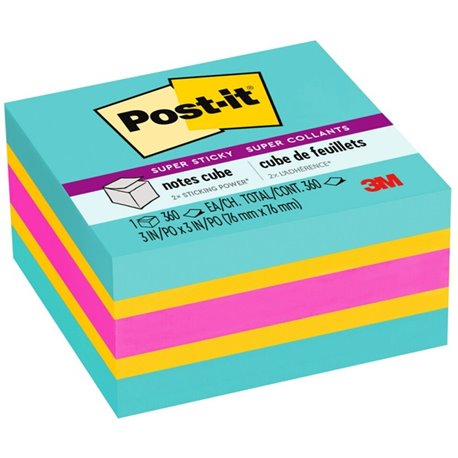 Post-it Super Sticky Notes Cube - 3" x 3" - Square - 360 Sheets per Pad - Aqua Splash, Sunnyside, Power Pink - Paper - Sticky, R