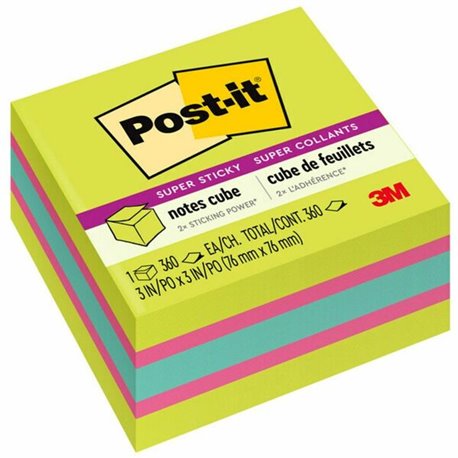 Post-it Super Sticky Notes Cube - 3" x 3" - Square - 360 Sheets per Pad - Guava, Acid Lime, Aqua Splash - Paper - Sticky, Recycl