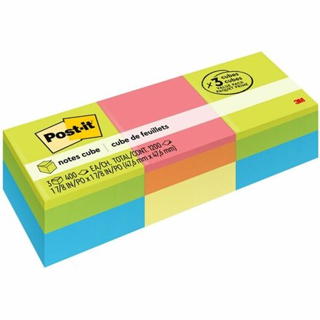 Post-it Notes Cube - 1200 - 2" x 2" - Square - 400 Sheets per Pad - Unruled - Acid Lime, Limeade, Blue Paradise, Guava, Vital Or