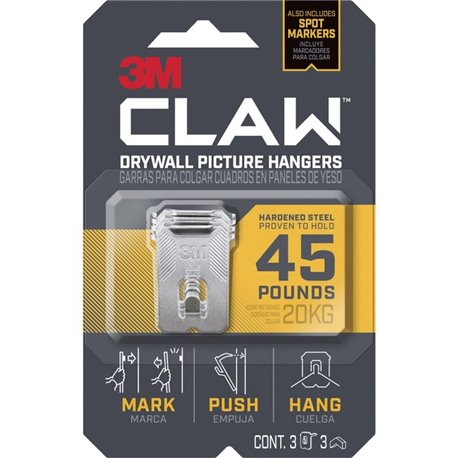 3M CLAW Drywall Picture Hanger - 45 lb (20.41 kg) Capacity - for Pictures, Project, Mirror, Frame, Art, Home, Decoration - Steel