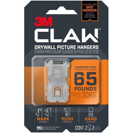 3M CLAW Drywall Picture Hanger - 65 lb (29.48 kg) Capacity - 2" Length - for Pictures, Project, Mirror, Frame, Home, Decoration 