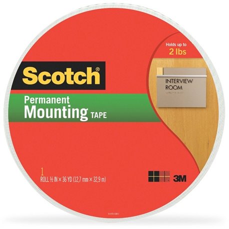 Scotch Double-Coated Foam Mounting Tape - 36 yd Length x 0.50" Width - 62.5 mil Thickness - 1" Core - Polyurethane - Long Lastin