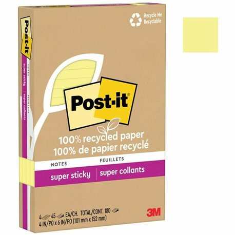 Post-it Super Sticky Adhesive Note - 4" x 6" - Rectangle - 45 Sheets per Pad - Canary Yellow - Repositionable - 4 / Pack - Recyc