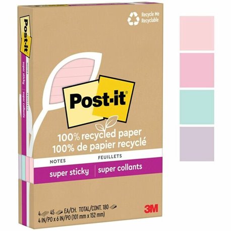 Post-it Super Sticky Adhesive Note - 4" x 6" - Rectangle - 45 Sheets per Pad - Assorted Wanderlust Pastel - Repositionable - 4 /