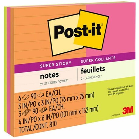 Post-it Super Sticky Notes - Energy Boost Color Collection - 3" x 3" , 4" x 6" - Square, Rectangle - 90 Sheets per Pad - Vital O