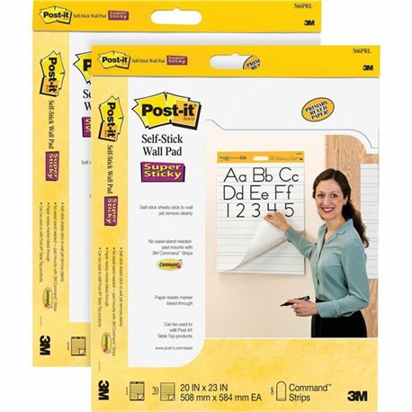 Post-it Self-Stick Wall Pads - 20 Sheets - Stapled - Ruled Blue Margin - 18.50 lb Basis Weight - 20" x 23" - White Paper - Self-