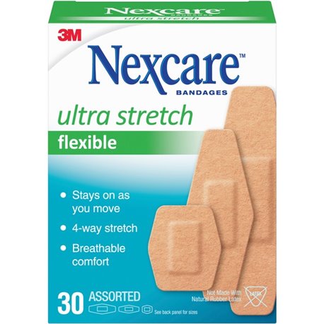 Nexcare Soft 'n Flex Bandages - Assorted Sizes - 0.94" x 1.13" , 1.13" x 3" , 0.88" x 2.25" - 30/Box - 30 Per Box - Tan - Fabric