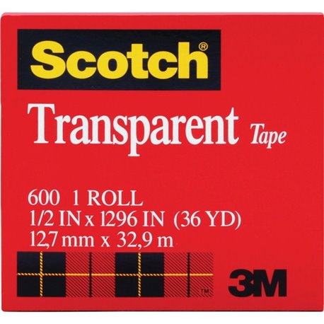 Scotch Transparent Tape - 1/2"W - 36 yd Length x 0.50" Width - 1" Core - Moisture Resistant, Stain Resistant, Long Lasting - For