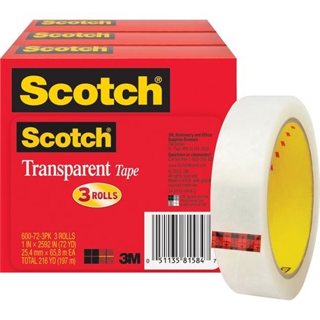 Scotch Transparent Tap - 72 yd Length x 1" Width - 3" Core - Long Lasting, Moisture Resistant, Stain Resistant - For Sealing, La