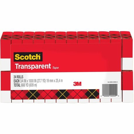 Scotch Transparent Tape - 3/4"W - 27.78 yd Length x 0.75" Width - 1" Core - Long Lasting, Moisture Resistant, Stain Resistant - 