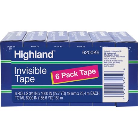 Highland 3/4"W Matte-finish Invisible Tape - 27.78 yd Length x 0.75" Width - 1" Core - For Mending, Holding, Splicing - 6 / Pack