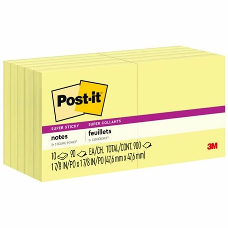 Post-it Super Sticky Adhesive Notes - 900 - 2" x 2" - Square - 90 Sheets per Pad - Unruled - Yellow - Paper - Self-adhesive - 10