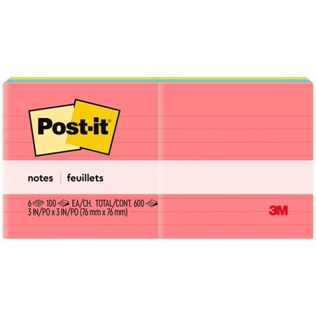 Post-it Lined Notes - Poptimistic Color Collection - 600 - 3" x 3" - Square - 100 Sheets per Pad - Ruled - Pink, Blue, Green - P