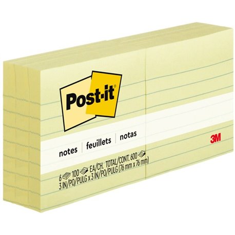 Post-it Lined Notes - 600 x Canary Yellow - 3" x 3" - Square - 100 Sheets per Pad - Ruled - Yellow - Paper - Self-adhesive, Repo