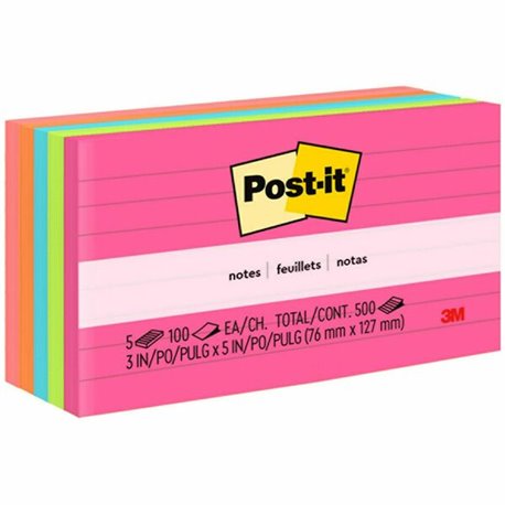 Post-it Notes Original Lined Notepads - Poptimistic Color Collection - 500 - 3" x 5" - Rectangle - 100 Sheets per Pad - Ruled - 