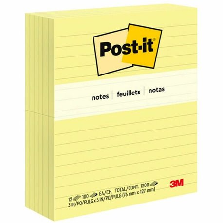 Post-it Notes Original Lined Notepads - 100 - 3" x 5" - Rectangle - 100 Sheets per Pad - Ruled - Yellow - Paper - Self-adhesive,