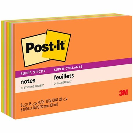 Post-it Super Stick Notes - Energy Boost Color Collection - 360 - 6" x 4" - Rectangle - 45 Sheets per Pad - Unruled - Vital Oran