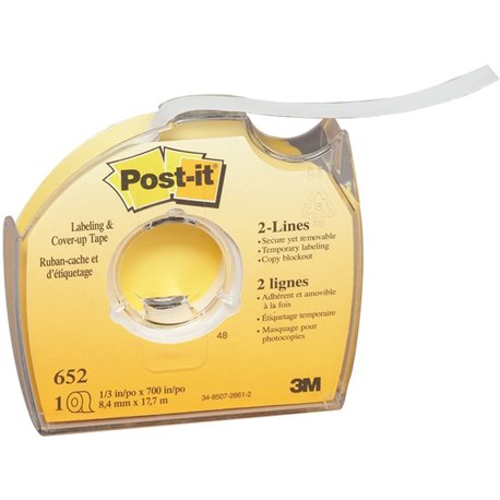 Post-it Labeling/Cover-up Tape - 0.33" Width x 58.33 ft Length - 2 Line(s) - White Tape - Removable - 1 / Roll - White