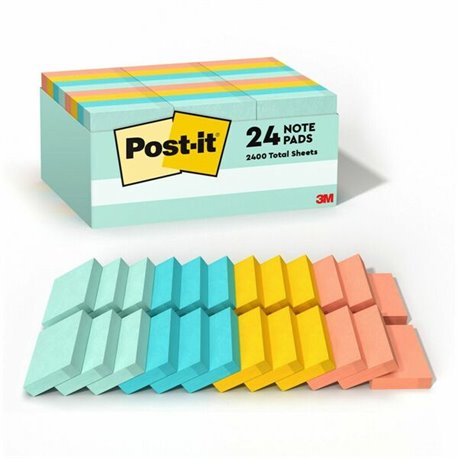 Post-it Notes Value Pack - Beachside Caf&eacute Color Collection - 2400 - 1 1/2" x 2" - Rectangle - Unruled - Fresh Mint, Aqua S