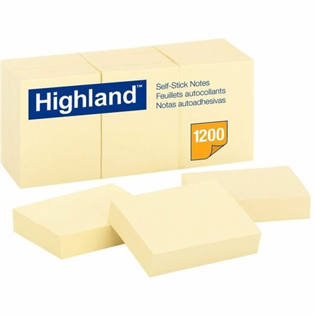 Highland Self-Sticking Notepads - 1200 - 1 1/2" x 2" - Rectangle - 100 Sheets per Pad - Unruled - Yellow - Paper - Self-adhesive